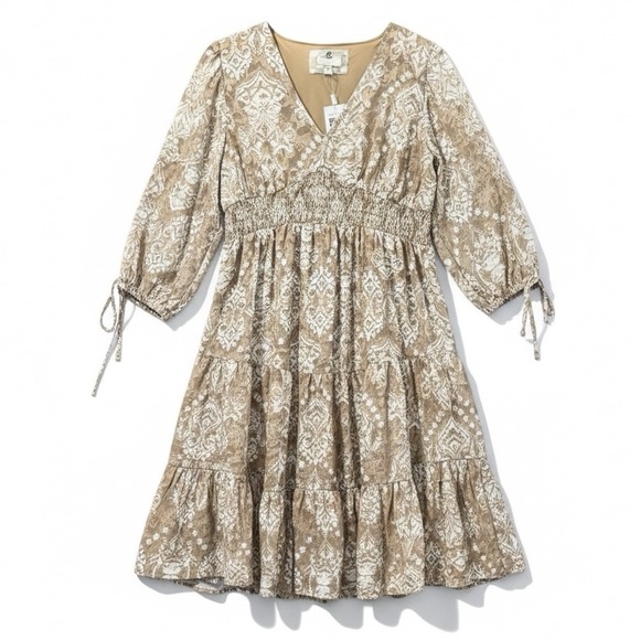 Cupio Dresses & Skirts - Cupio Boho Smocked Ikat Midi Dress Tiered Flowy V Neck Brown Tan XL NWT